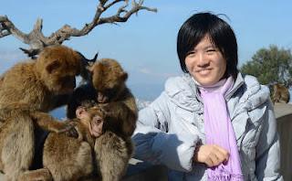 la championne du monde d'échecs Hou Yifan posant avec les fameux singes de Gibraltar