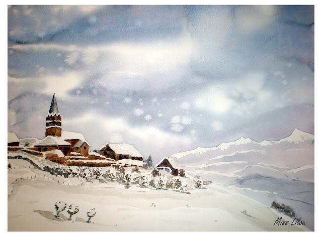 Village sous la neige, aquarelle