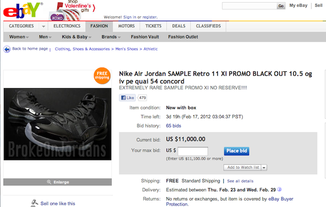 Air Jordan XI (11) Blackout: 11.000$ sur Ebay!