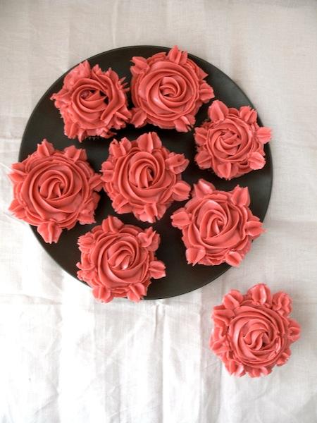 My Cupcakes Roses for Valentine’s Day or my  Red Velvet Pomegranate cupcakes with Pomegranate Swiss Meringue Buttercream .