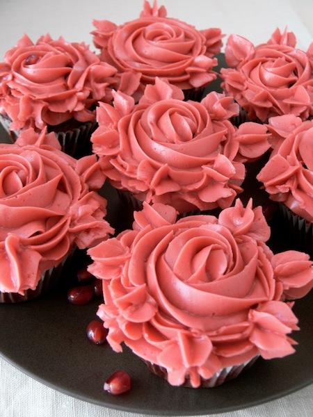 My Cupcakes Roses for Valentine’s Day or my  Red Velvet Pomegranate cupcakes with Pomegranate Swiss Meringue Buttercream .