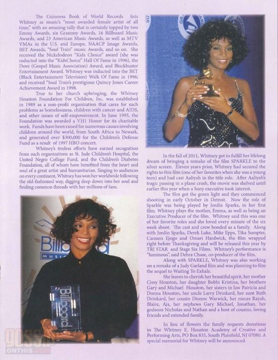 Programme nécrologique de Whitney Houston
