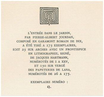 Pierre-Albert Jourdan, L'Entrée dans le Jardin, Thierry Bouchard éditeur, Losne, 1981. Ex. 63 Pierre-Albert Jourdan, L'Entrée dans le Jardin, ex. 63