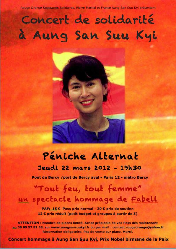 Paris: concert de solidarité à Aung San Suu Kyi, jeudi 22 mars, à 19H30 sur la Péniche Alternat à Paris Bercy avec Fabell