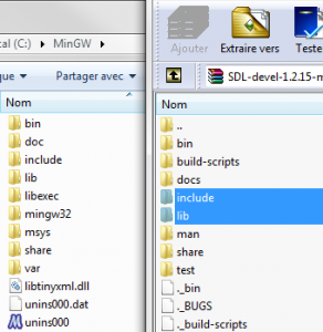 Décompresser les dossiers include et lib de l'archive SDL dans le de dossier où est installer MinGW