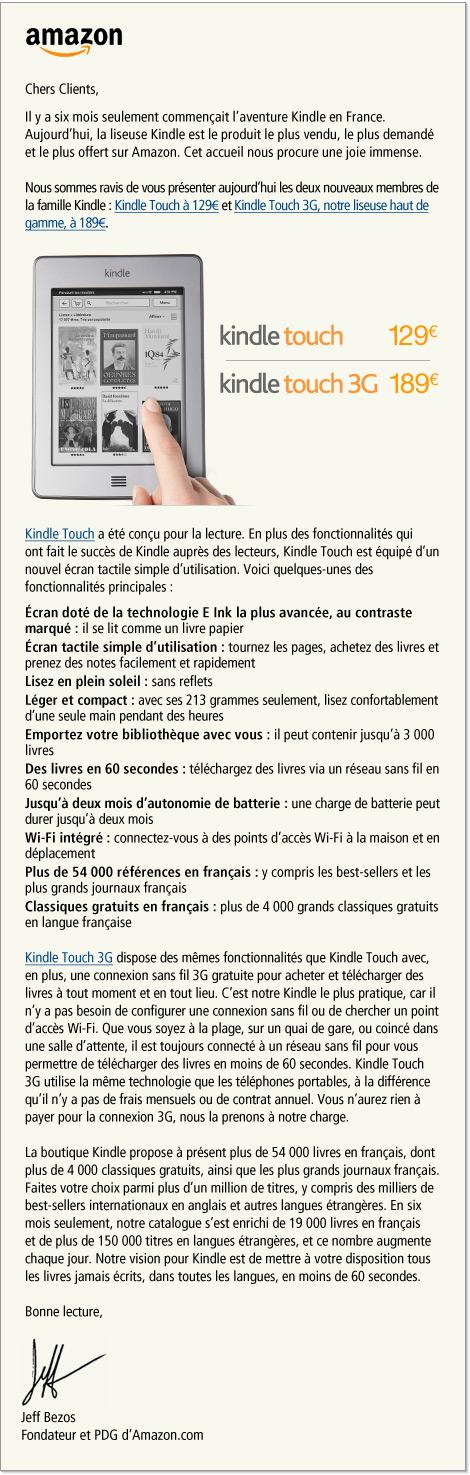 Amazon.fr : le Kindle Touch disponible en France à partir de 129€