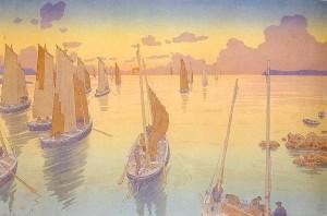 Rivière_Le coucher de soleil Quelques aquarellistes français disparus au 20ème siècle – Partie 5 – Auguste Gilbert Privat – Alphonse Rey– Henri Rivière – George-Frederic Rötig – Paul Roux – Jean-Marie Rückbusch – René Vincent – Jean-Jacques Waltz dit Handi – Félix Ziem