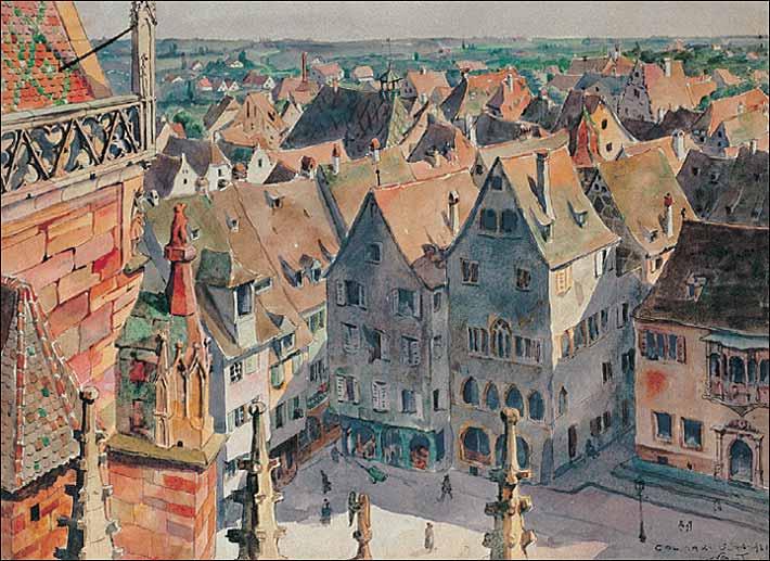 Waltz Place de Colmar aquarelle Quelques aquarellistes français disparus au 20ème siècle – Partie 5 – Auguste Gilbert Privat – Alphonse Rey– Henri Rivière – George-Frederic Rötig – Paul Roux – Jean-Marie Rückbusch – René Vincent – Jean-Jacques Waltz dit Handi – Félix Ziem