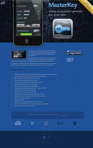 MasterKey - simply a password generator, just done right. Secure passwords with just a tap. Apple et 20 sites web à couper le souffle!