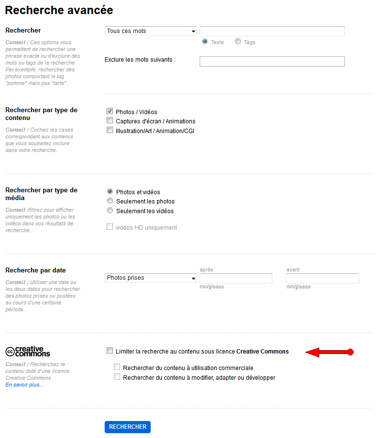 Formulaire de recherche avancée de Flickr Blog : où trouver des images libres de droits et/ou gratuites ?