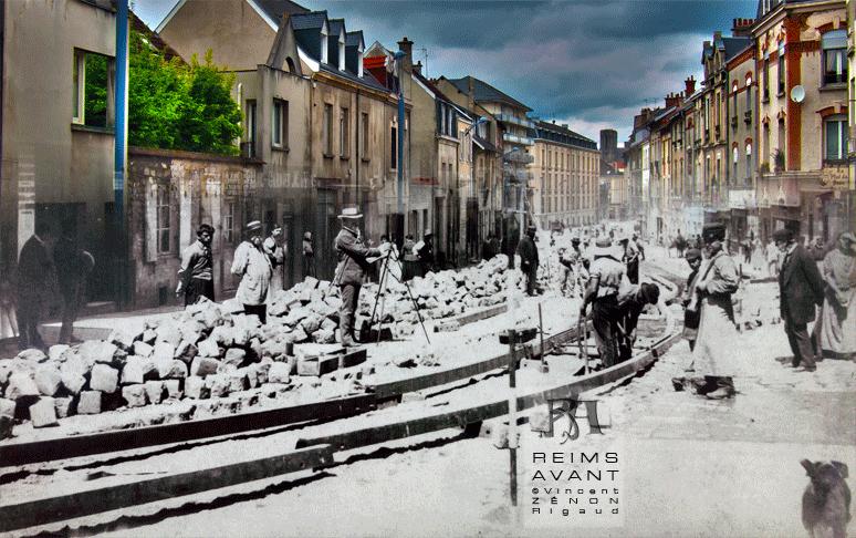 La rue du Barbâtre et la pose des rails du tramway avant 1914.