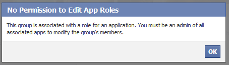 This group is associated with a role for an application. You must be an admin of all associated apps to modify the group's members. This group is associated with a role for an application. You must be an admin of all associated apps to modify the group's members.
