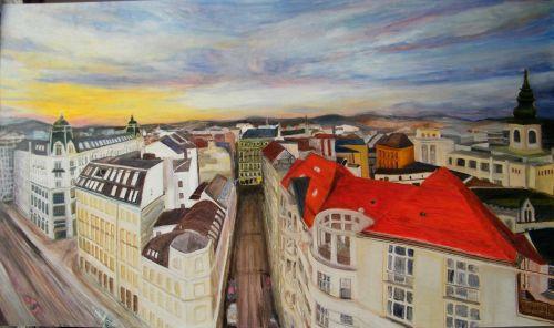 Coucher de soleil sur les toits de Vienne (Autriche) Peinture de Serge Boisse