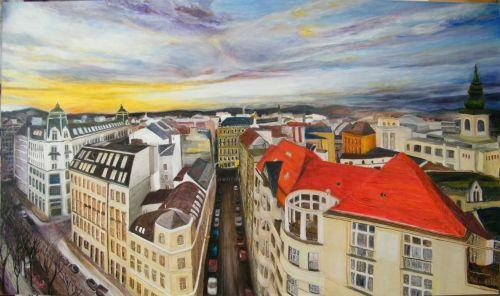 Coucher de soleil sur les toits de Vienne (Autriche) Peinture de Serge Boisse