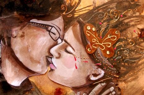 peinture sur toile d'un couple d'amoureux qui s'embrasse