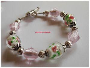 bracelet perle de verre rose et vert