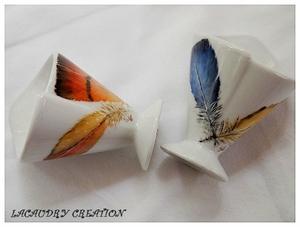 Peinture sur porcelaine , apres la chouette..... les plumes avec des plumes