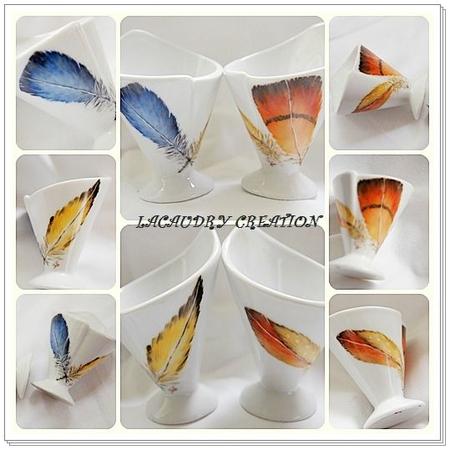 Peinture sur porcelaine , apres la chouette..... les plumes aves des plumes