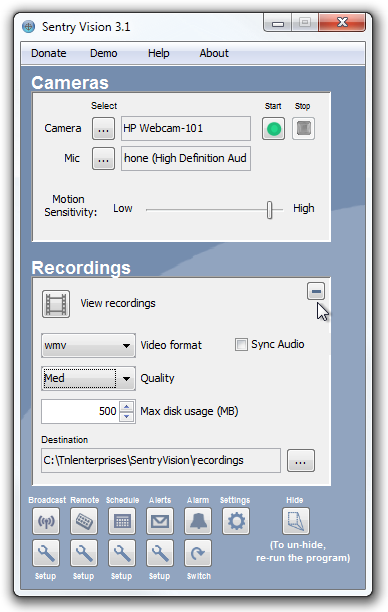 Faire de votre Webcam une caméra de surveillance avec alerte Email et SMS Sentry Vision Recording options