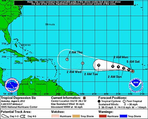 Après ERNESTO voici la D6 en plein milieu de l’atlantique 13,8 N et 27,8 W (Guadeloupe 16,1 N 61,0 W)