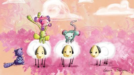 Des illustrations de doudou qui jouent à saute-mouton