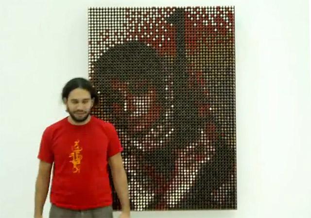 Amer-Shomali Le portrait de Leila Khaled en rouge à lèvres par Amer Shomali