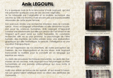 Galerie Visio Dell’Arte  – exposition Anik LEGOUPIL  “L’abîme comme fenêtre”