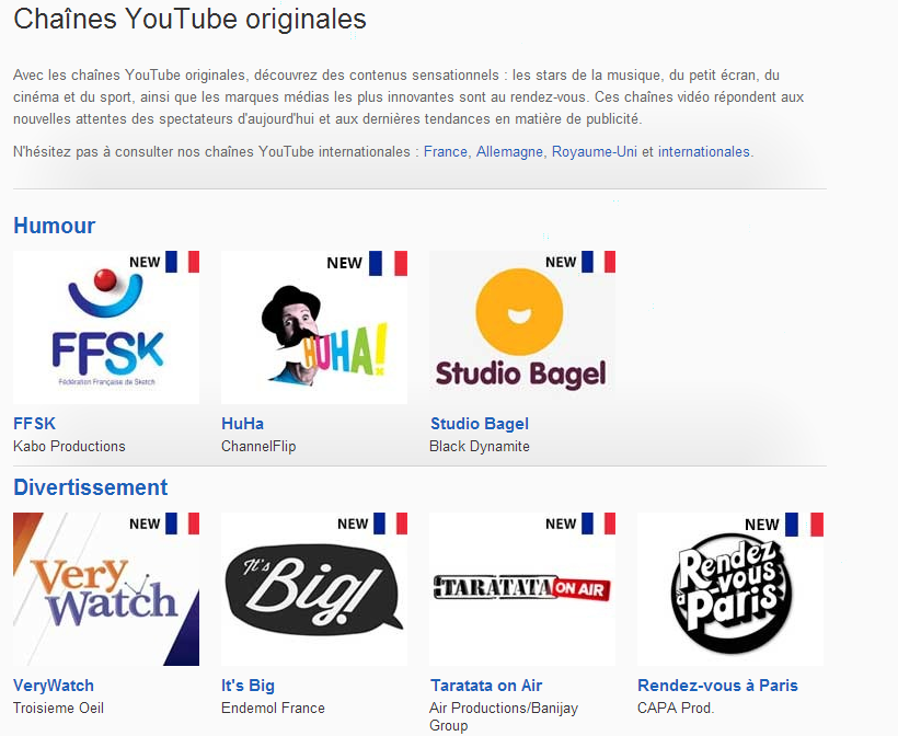 Les chaînes originales de Youtube sont disponibles pour la France