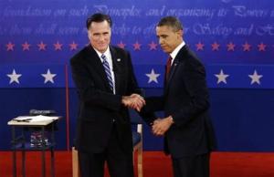 Mitt Romney et Barack Obama à l'Université Hofstra de Hempstead, hier.