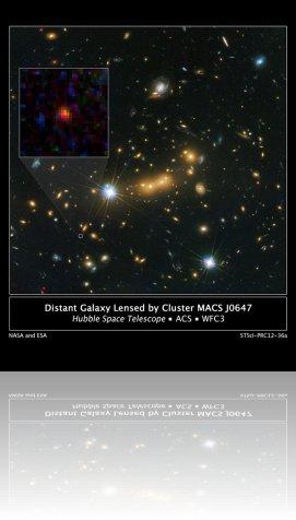 La galaxie MACS0647-JD découverte, telle qu'elle était 420 millions d'années après le Big Bang. Sa lumière a mis pas moins de 13,3 milliards d'années à nous parvenir. Credit: NASA, ESA, and M. Postman and D. Coe (STScI) and CLASH Team.