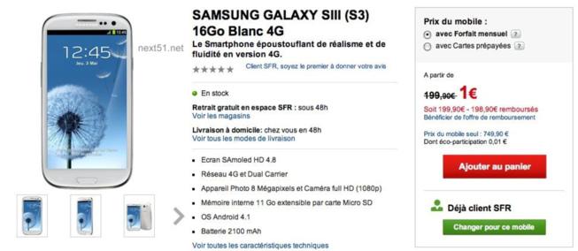 Le Galaxy S3 (4G) chez SFR pour 1€...