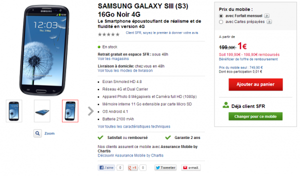 Le Samsung Galaxy S3 4G débarque chez SFR