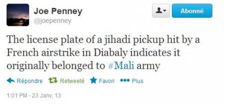 Mali : un pick-up détruit par l'aviation française aurait appartenu à l'armée malienne Tweet Joe Penney.jpg