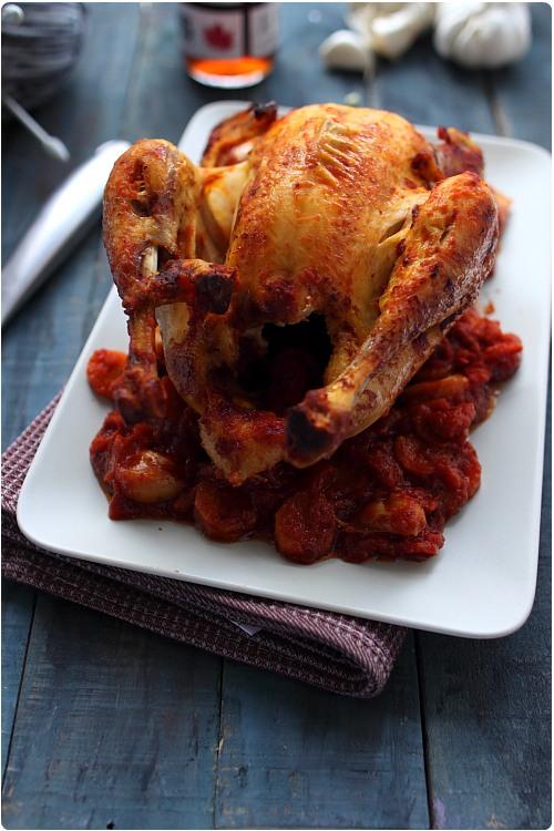 poulet-confit-ail-erable Poulet rôti à lail, tomates et sirop dérable