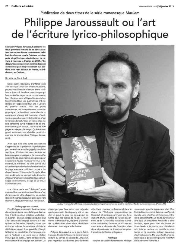 Philippe Jaroussault obtient un article dans le journal Les Versants pour son roman « L’Intime des sens féminins » Cliquez sur l'image pour télécharger l'article de presse