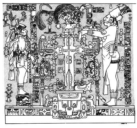 L’arbre cosmique, bas-relief du temple de la croix à Palenque (692 apr. J.-C.)