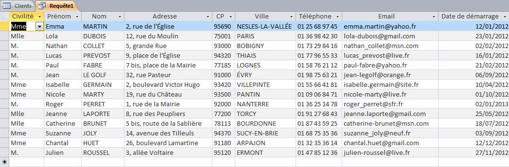 Créer sa première base de données Access – Partie 2 – Création d’une requête Requête date de démarrage 2012