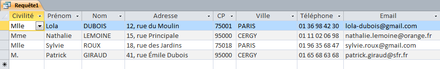 Créer sa première base de données Access – Partie 2 – Création d’une requête Requête clients habitants Paris et Cergy