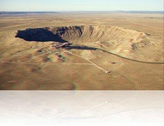 Image en 3D du Meteor Crater en Arizona, causé par un astéroïde de taille similaire a l'astéroïde 2012 DA14 il y a 50 000 ans. Pour voir l'image en 3D, enfilez des lunettes stéréoscopiques. Crédit image : Stefan Seip (Astro Meeting)