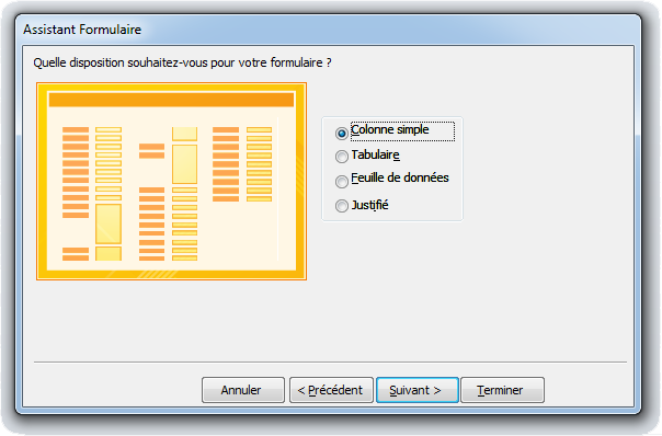 Créer sa première base de données Access – Partie 3 – Création d’un formulaire Assistant formulaire choix de la disposition