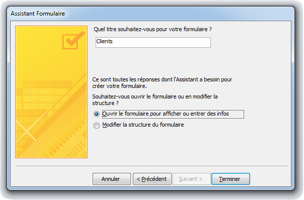 Créer sa première base de données Access – Partie 3 – Création d’un formulaire Assistant formulaire choix du titre