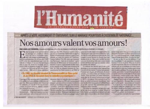 Ma tribune dans l'Humanité : Vote du 12 février : un moment d’émotion ! l'humanité,jean-luc romero,homosexualité,poiltique,france