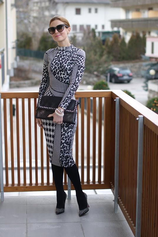 Executive woman mixed prints asos dress, studded pums, pigalle lookalike