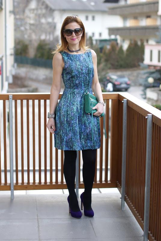 Executive woman Zara party dress, sequin print dress, Miu Miu pumps