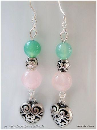 boucles d'oreilles coeur baroque quartz rose et agate verte, accroche en argent