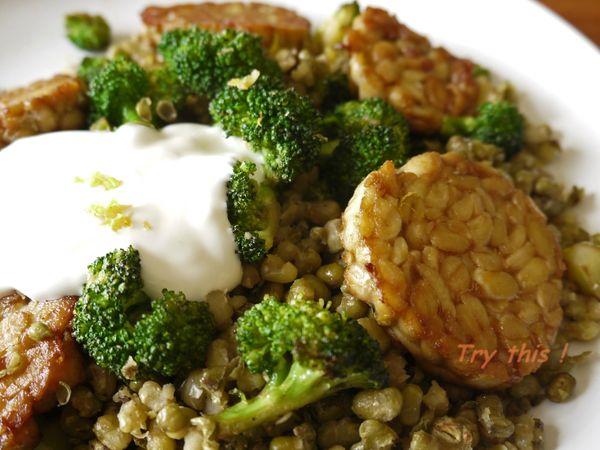 Pan-fried Mung beans with Tempeh tempeh & brocolis