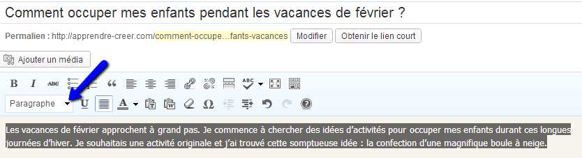 premier paragraphe dans wordpress