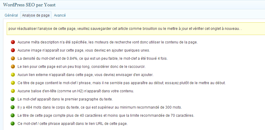 première analyse de page dans le plugin WordPress SEO YOAST