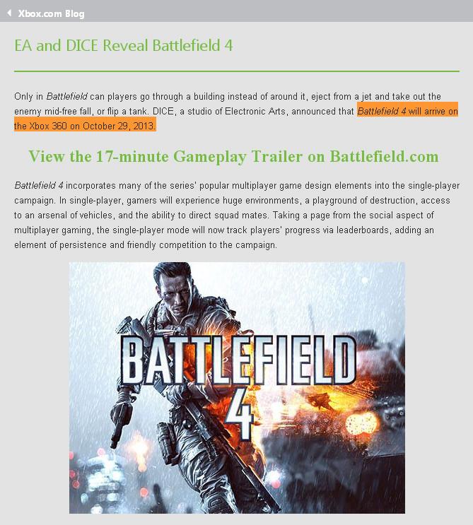 Battlefield 4 : la date de sortie fuitée par Microsoft ? Battlefield 4