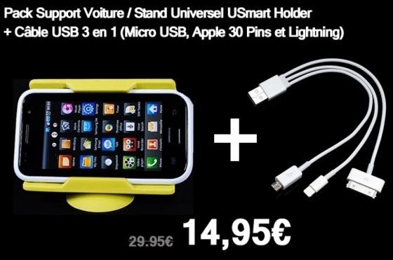 Pack Support Voiture pour Smartphones (dont iPhone 5) + Câble USB 3 en 1 (Gratuit)...